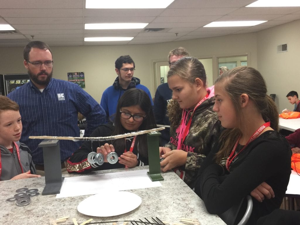 students gathered around an experiment 